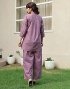 Skylee Cotton Embroidered Mandarin Collar Co-ord Set For Woman