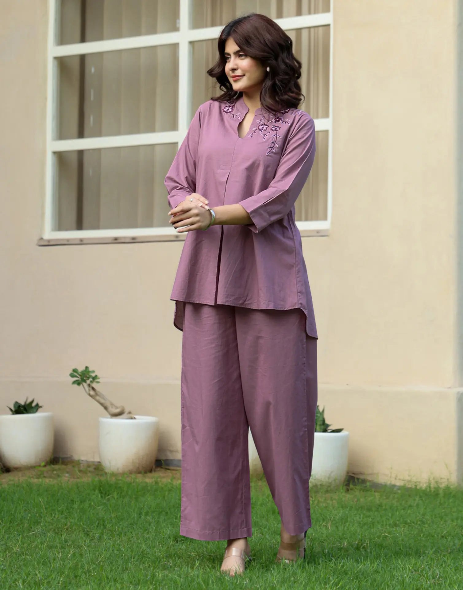 Skylee Cotton Embroidered Mandarin Collar Co-ord Set For Woman