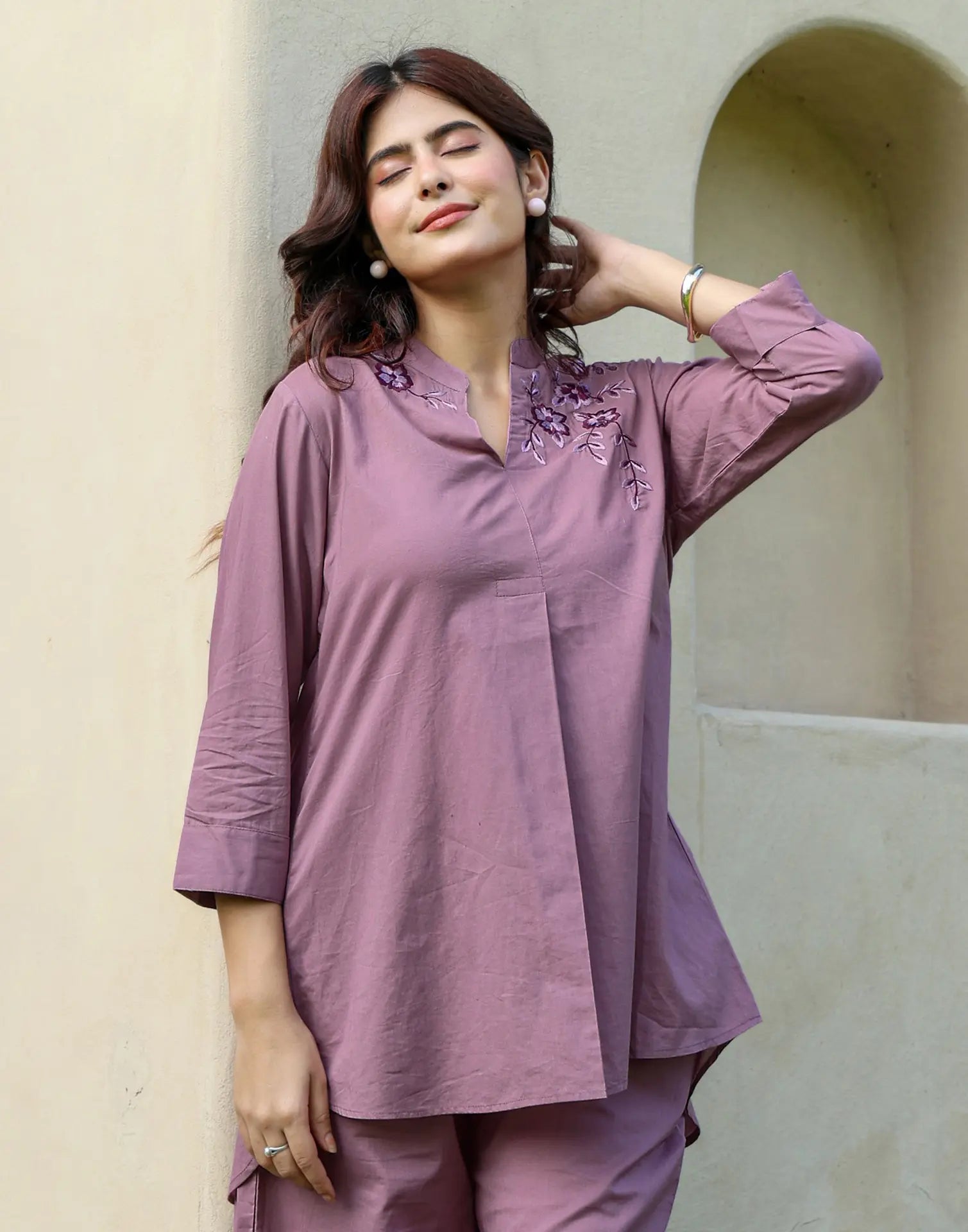 Skylee Cotton Embroidered Mandarin Collar Co-ord Set For Woman