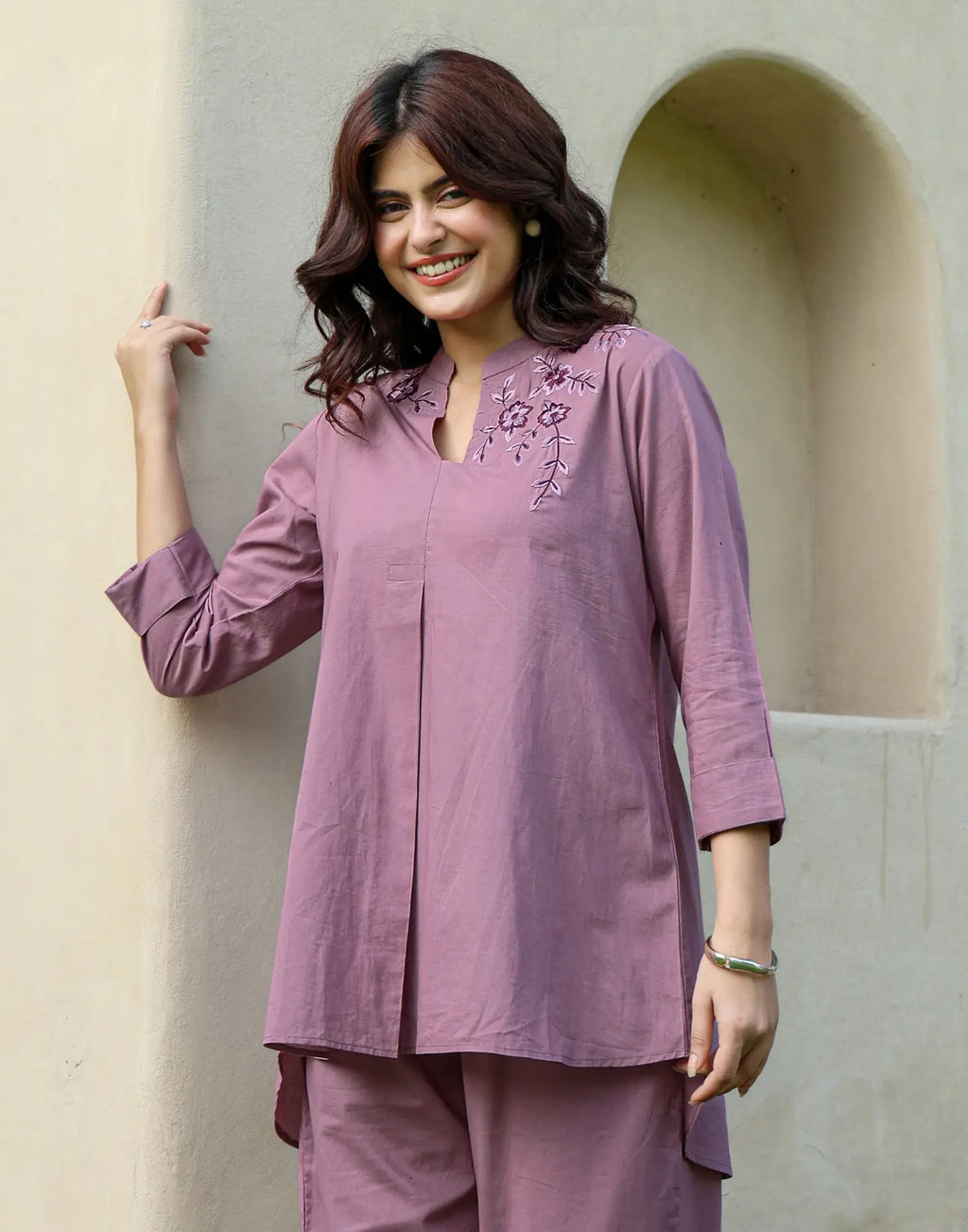 Skylee Cotton Embroidered Mandarin Collar Co-ord Set For Woman