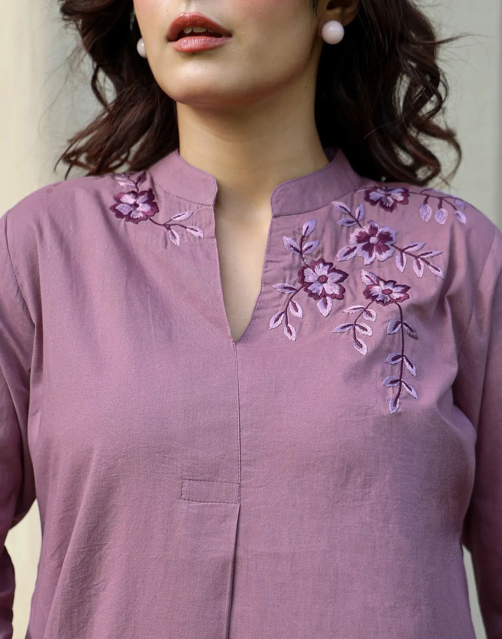 Skylee Cotton Embroidered Mandarin Collar Co-ord Set For Woman
