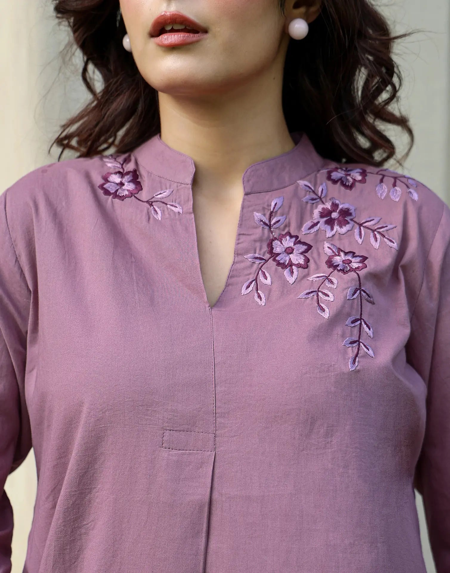 Skylee Cotton Embroidered Mandarin Collar Co-ord Set For Woman