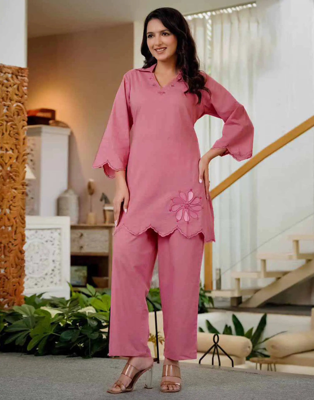 Skylee Cotton Embroidered Collar Neck Co-ord Set For Woman