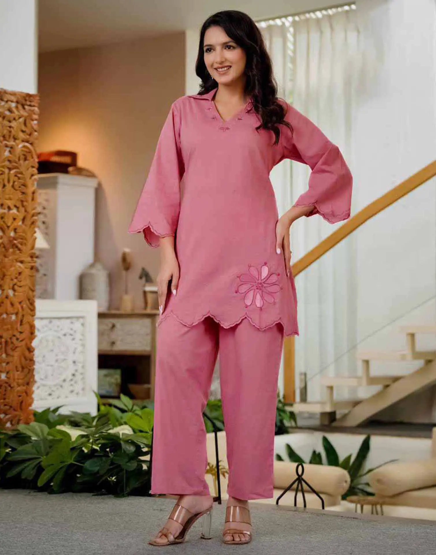 Skylee Cotton Embroidered Collar Neck Co-ord Set For Woman