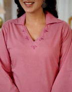 Skylee Cotton Embroidered Collar Neck Co-ord Set For Woman