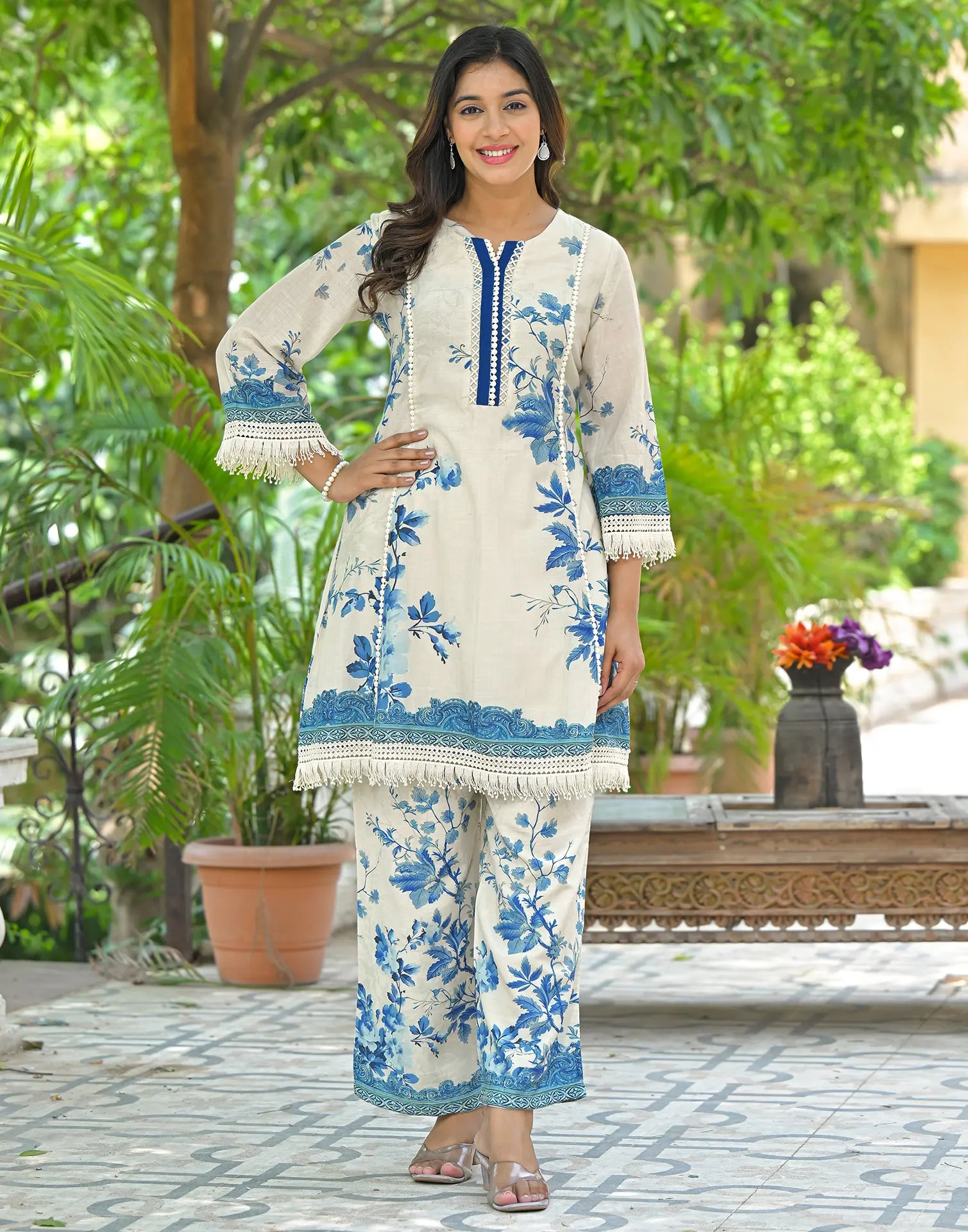 Skylee Crepe Printed Round Neck Co-ord Set For Woman