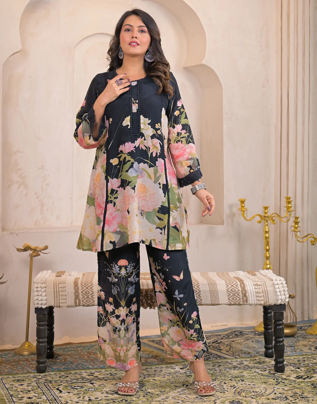 Skylee Silk Printed Round Neck Co-ord Set For Woman