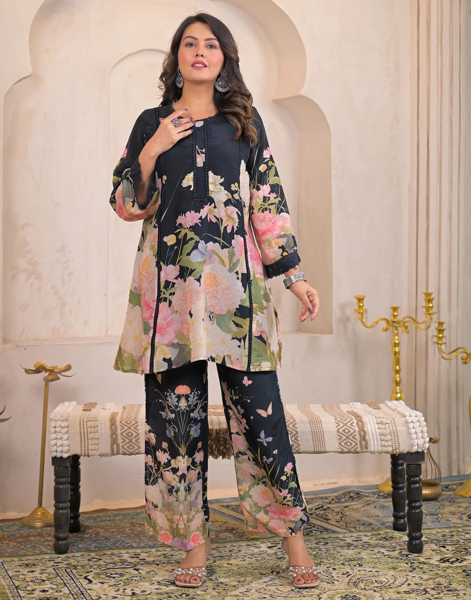 Skylee Silk Printed Round Neck Co-ord Set For Woman