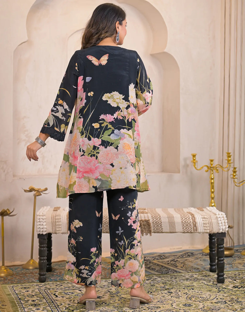 Skylee Silk Printed Round Neck Co-ord Set For Woman