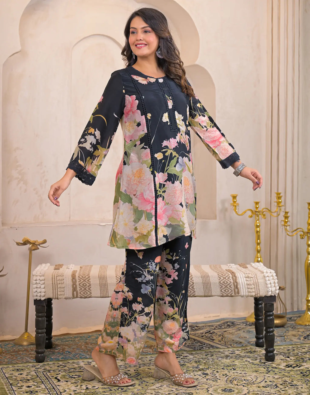 Skylee Silk Printed Round Neck Co-ord Set For Woman