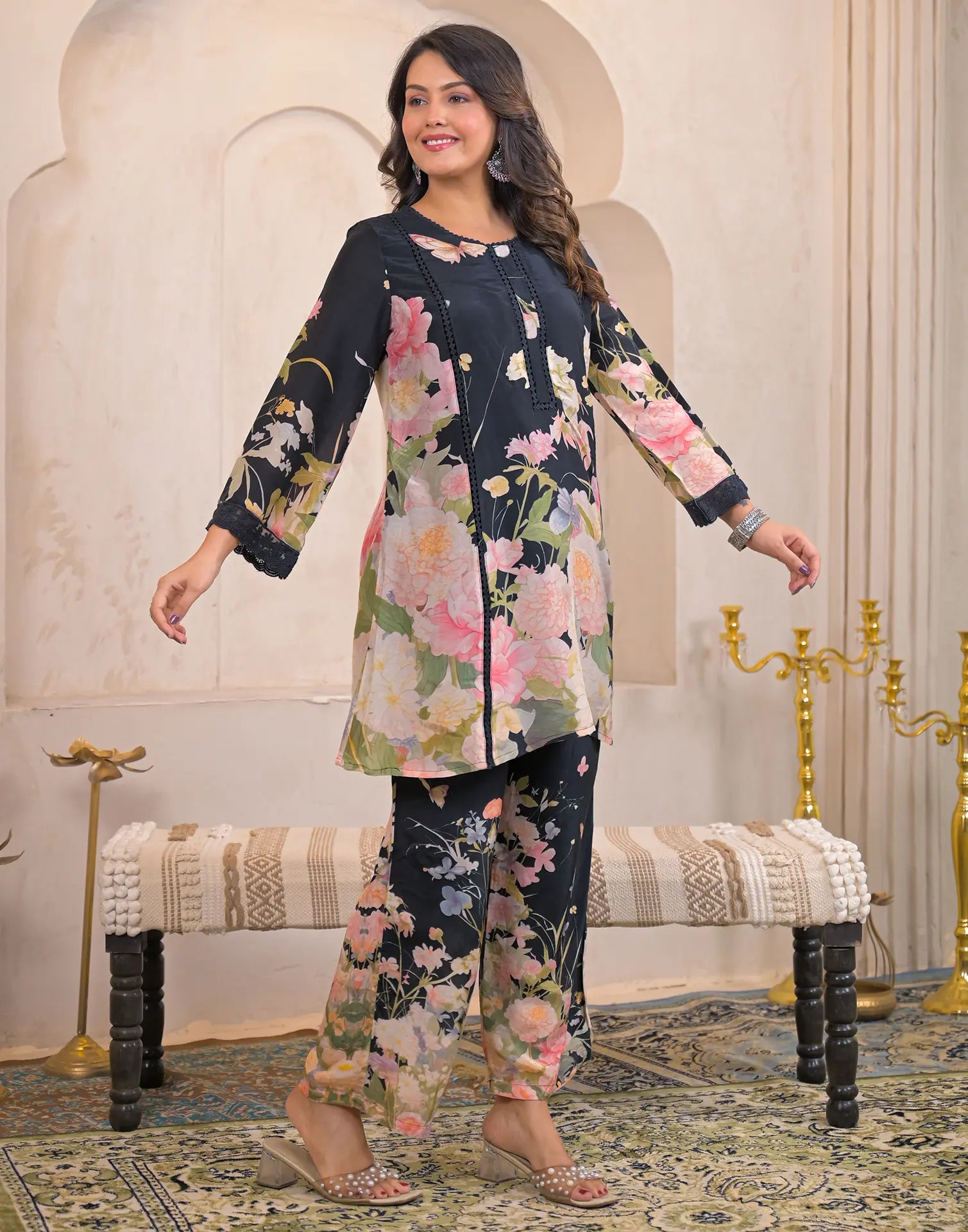 Skylee Silk Printed Round Neck Co-ord Set For Woman