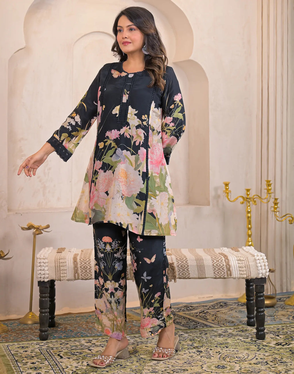 Skylee Silk Printed Round Neck Co-ord Set For Woman