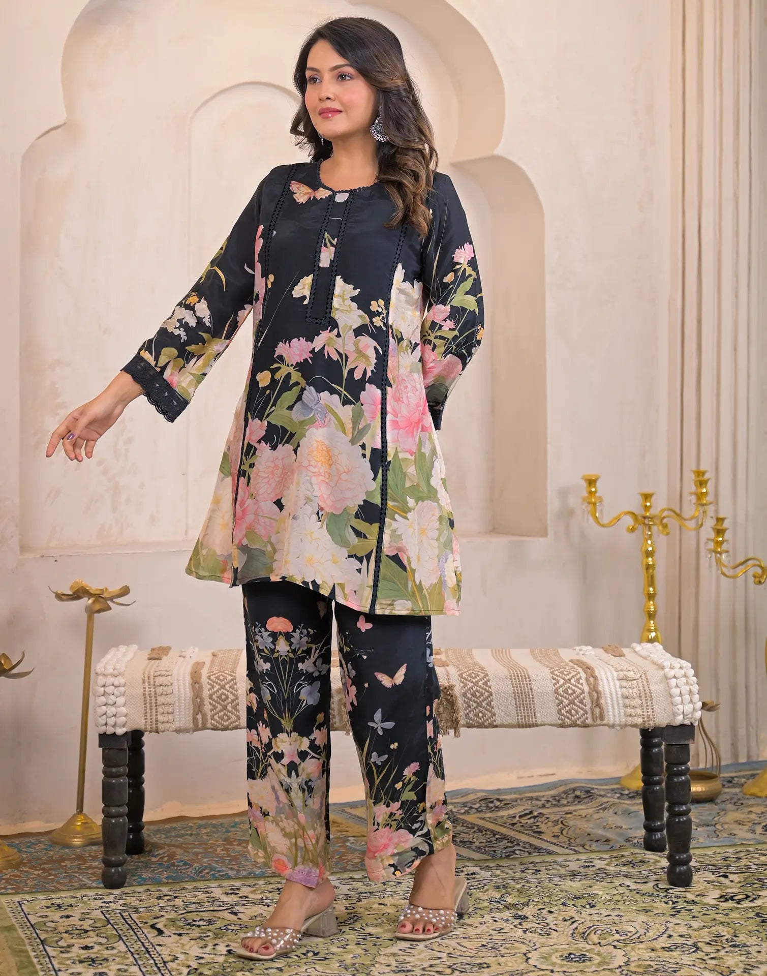 Skylee Silk Printed Round Neck Co-ord Set For Woman