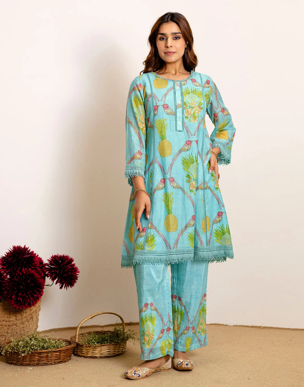 Skylee Silk Printed Round Neck Co-ord Set For Woman