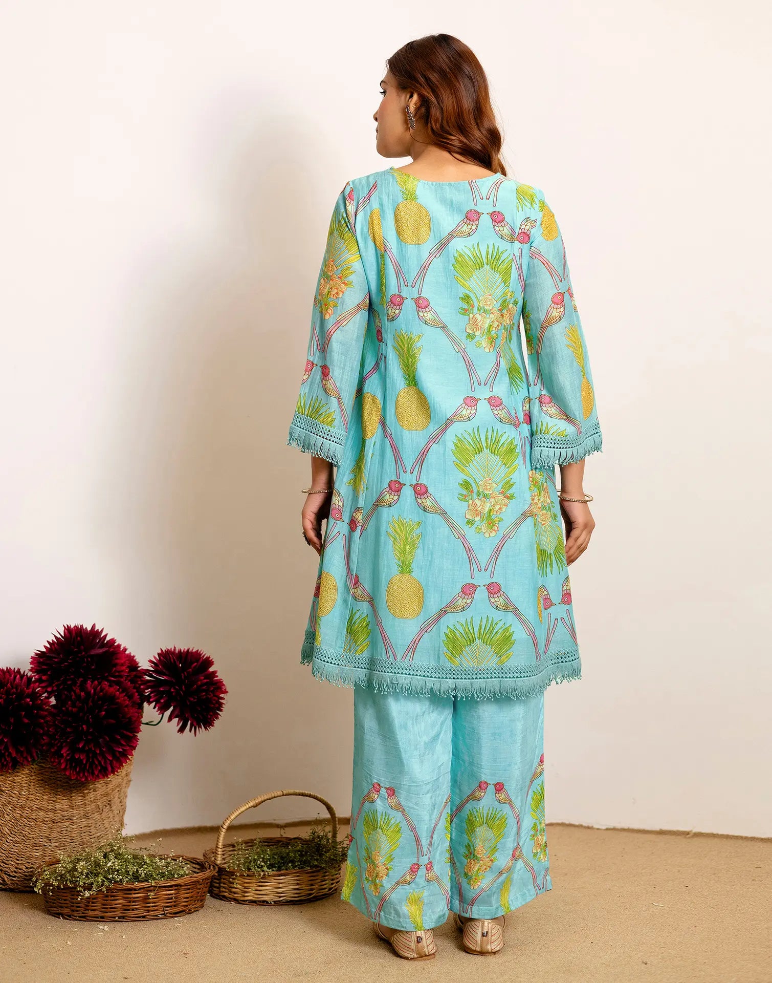 Skylee Silk Printed Round Neck Co-ord Set For Woman