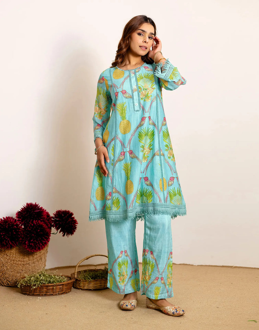 Skylee Silk Printed Round Neck Co-ord Set For Woman