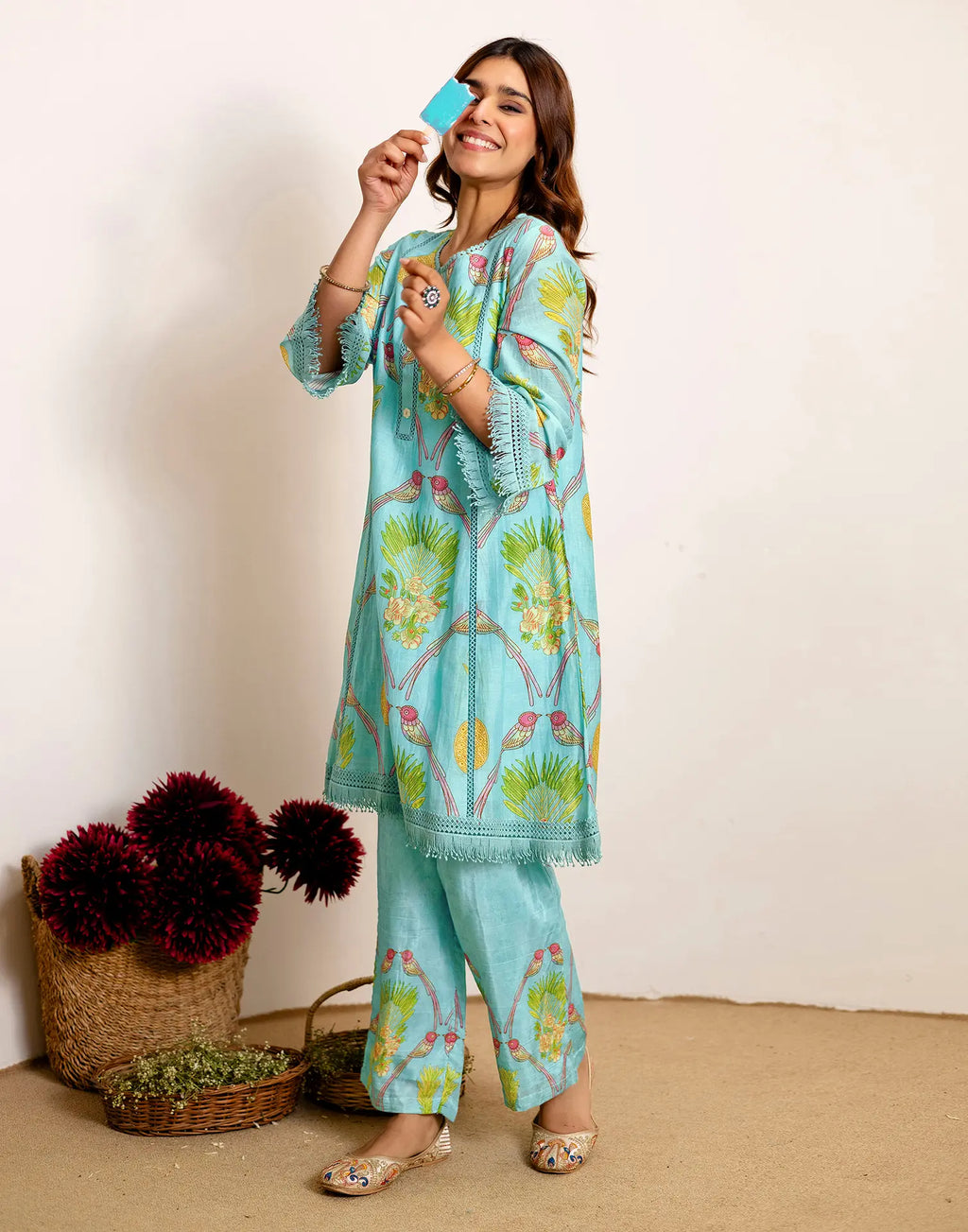 Skylee Silk Printed Round Neck Co-ord Set For Woman