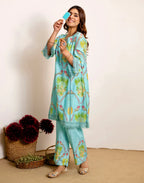 Skylee Silk Printed Round Neck Co-ord Set For Woman