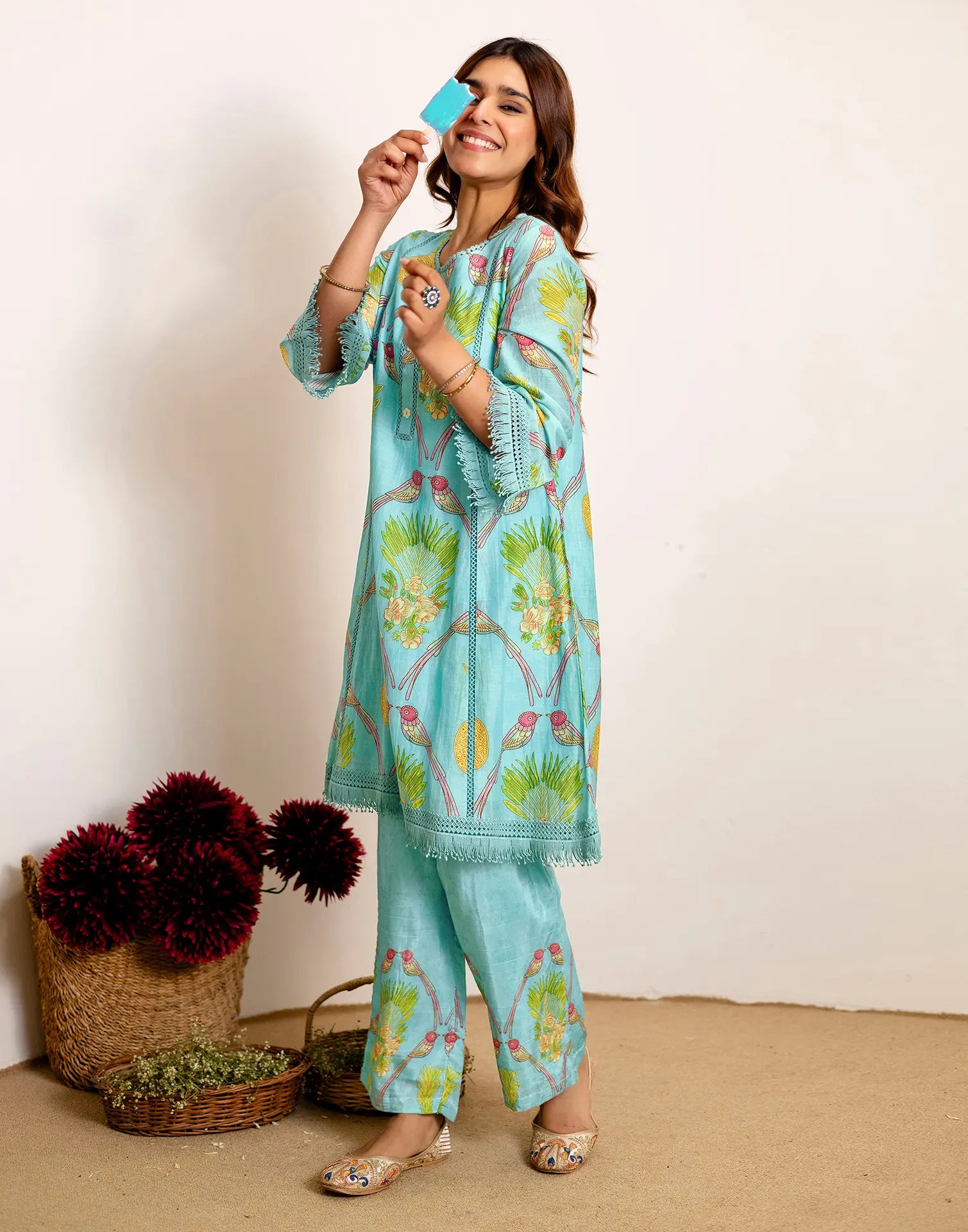 Skylee Silk Printed Round Neck Co-ord Set For Woman