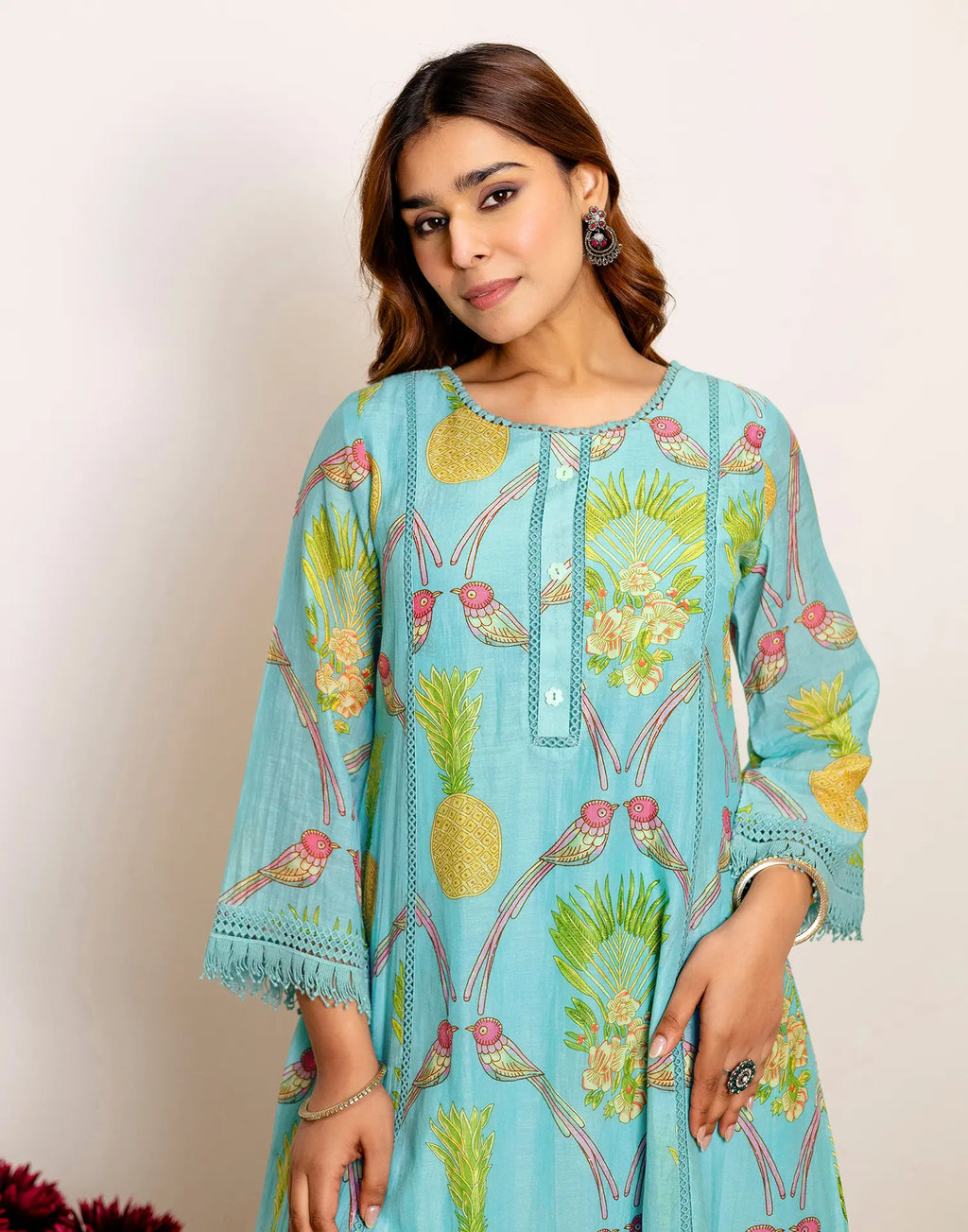 Skylee Silk Printed Round Neck Co-ord Set For Woman