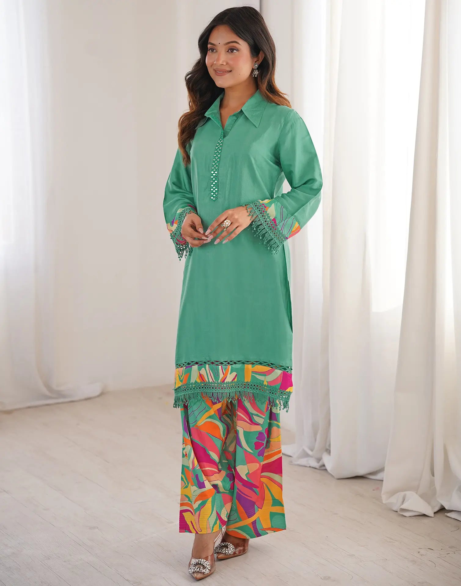 Skylee Silk Embellished Spread Neck Co-ord Set For Woman