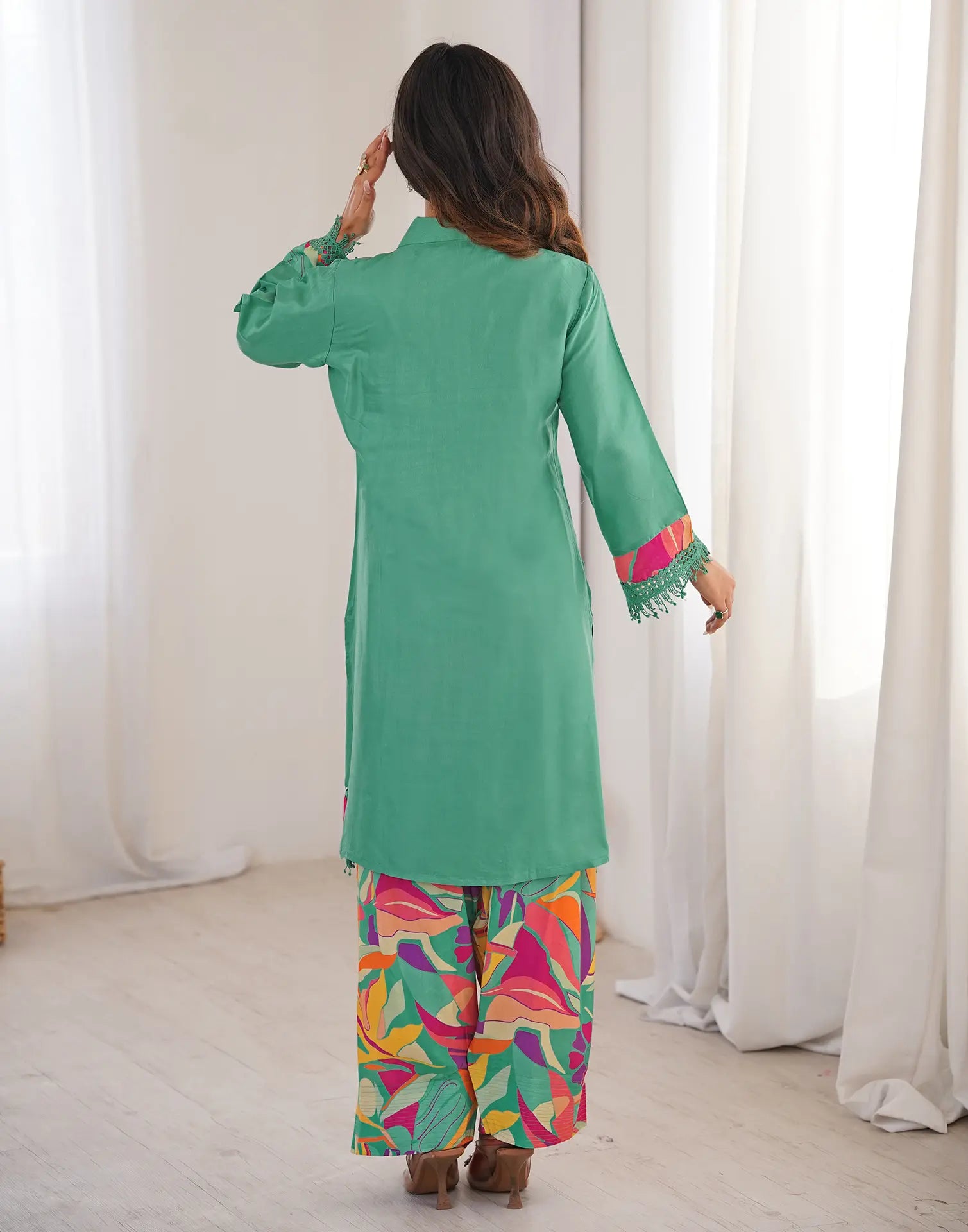 Skylee Silk Embellished Spread Neck Co-ord Set For Woman
