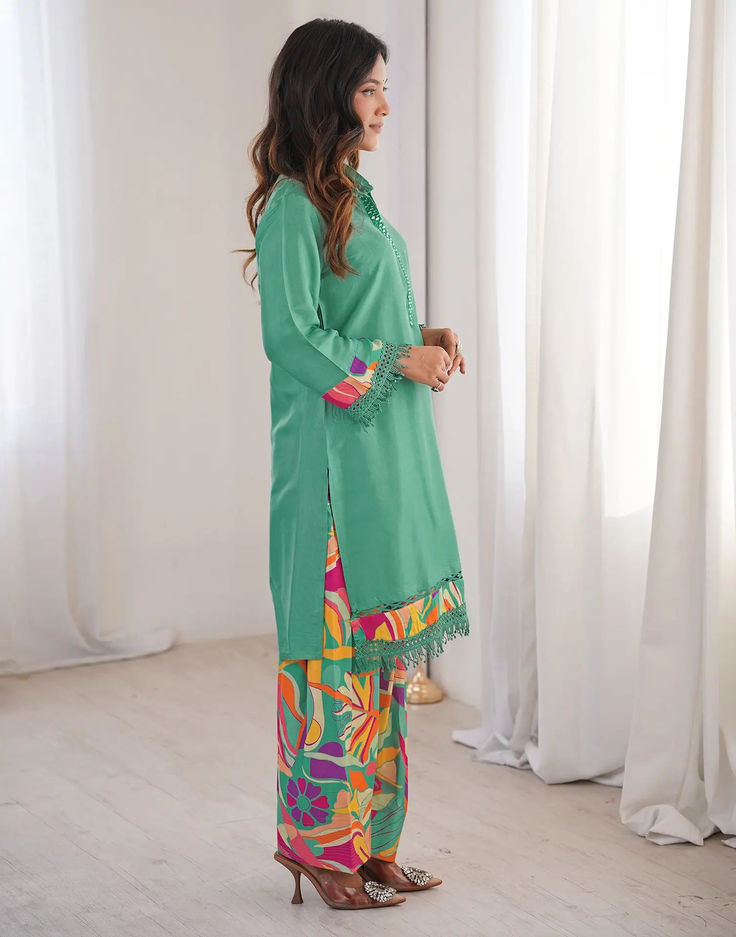 Skylee Silk Embellished Spread Neck Co-ord Set For Woman
