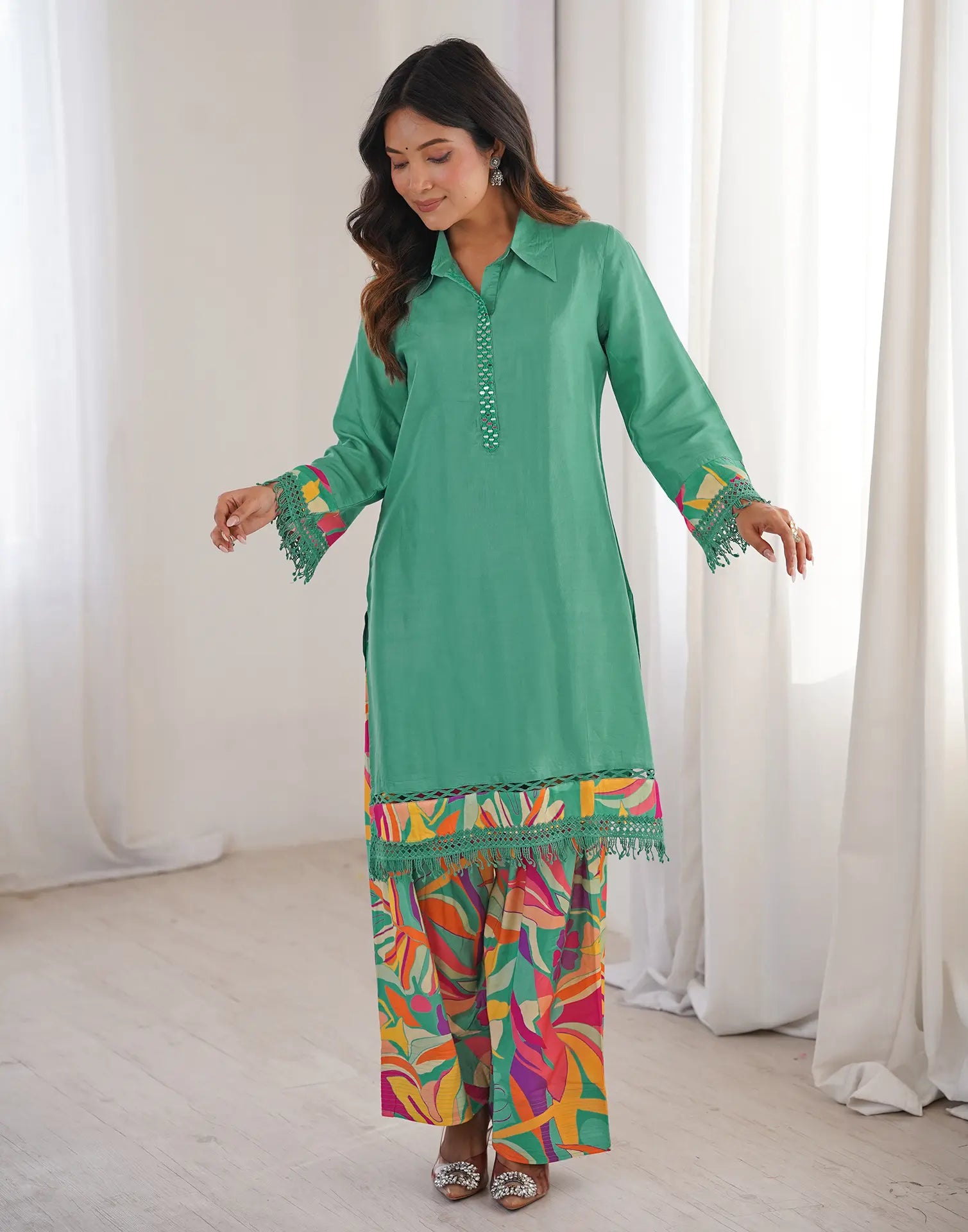 Skylee Silk Embellished Spread Neck Co-ord Set For Woman