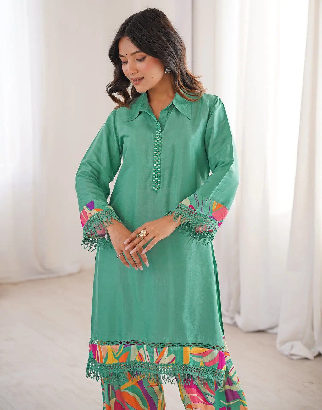 Skylee Silk Embellished Spread Neck Co-ord Set For Woman