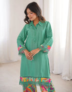 Skylee Silk Embellished Spread Neck Co-ord Set For Woman