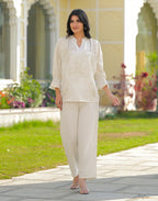 Skylee Cotton Embroidered Mandarin Collar Co-ord Set For Woman