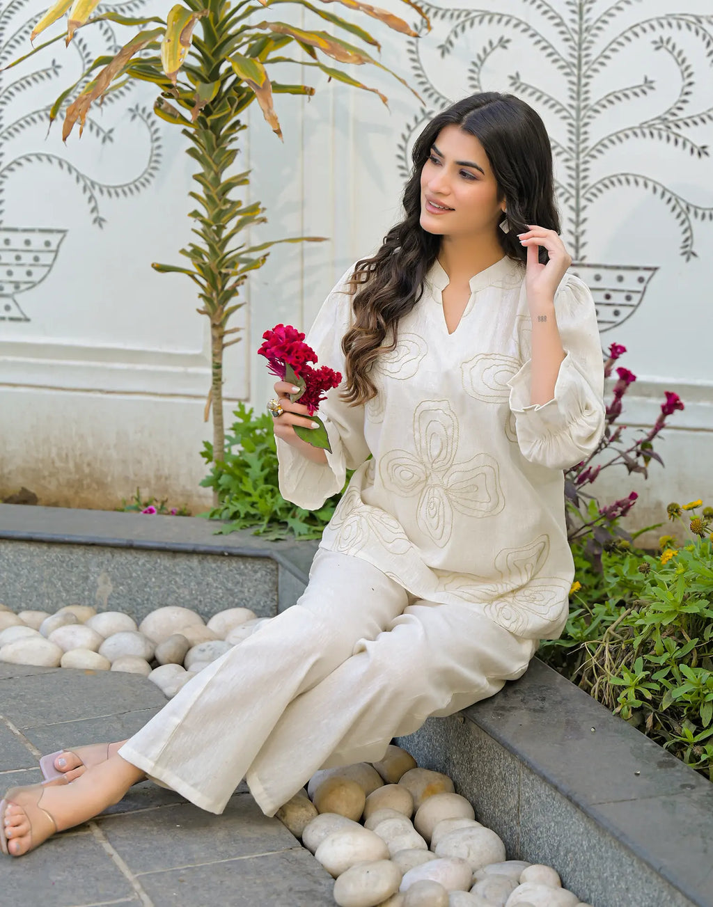 Skylee Cotton Embroidered Mandarin Collar Co-ord Set For Woman