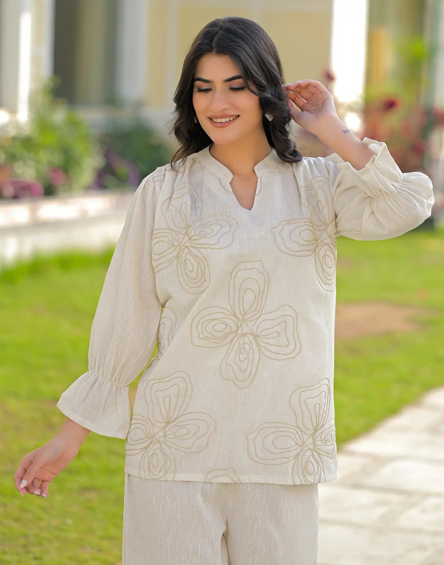 Skylee Cotton Embroidered Mandarin Collar Co-ord Set For Woman