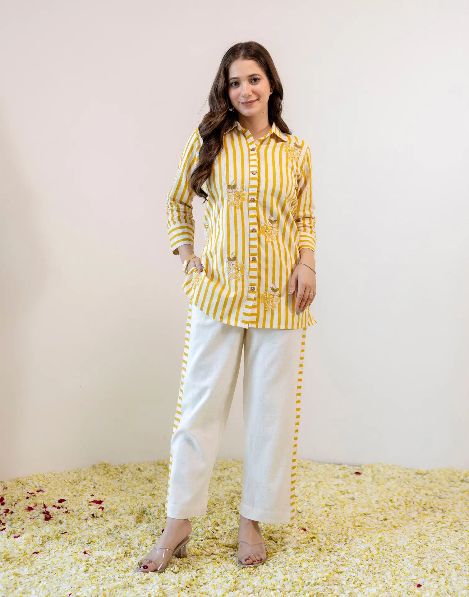 Saffron Yellow, Off-White Collared Neck Embroidered Digital Printed Straight Ethnic Co-ord Set