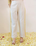 Saffron Yellow, Off-White Collared Neck Embroidered Digital Printed Straight Ethnic Co-ord Set