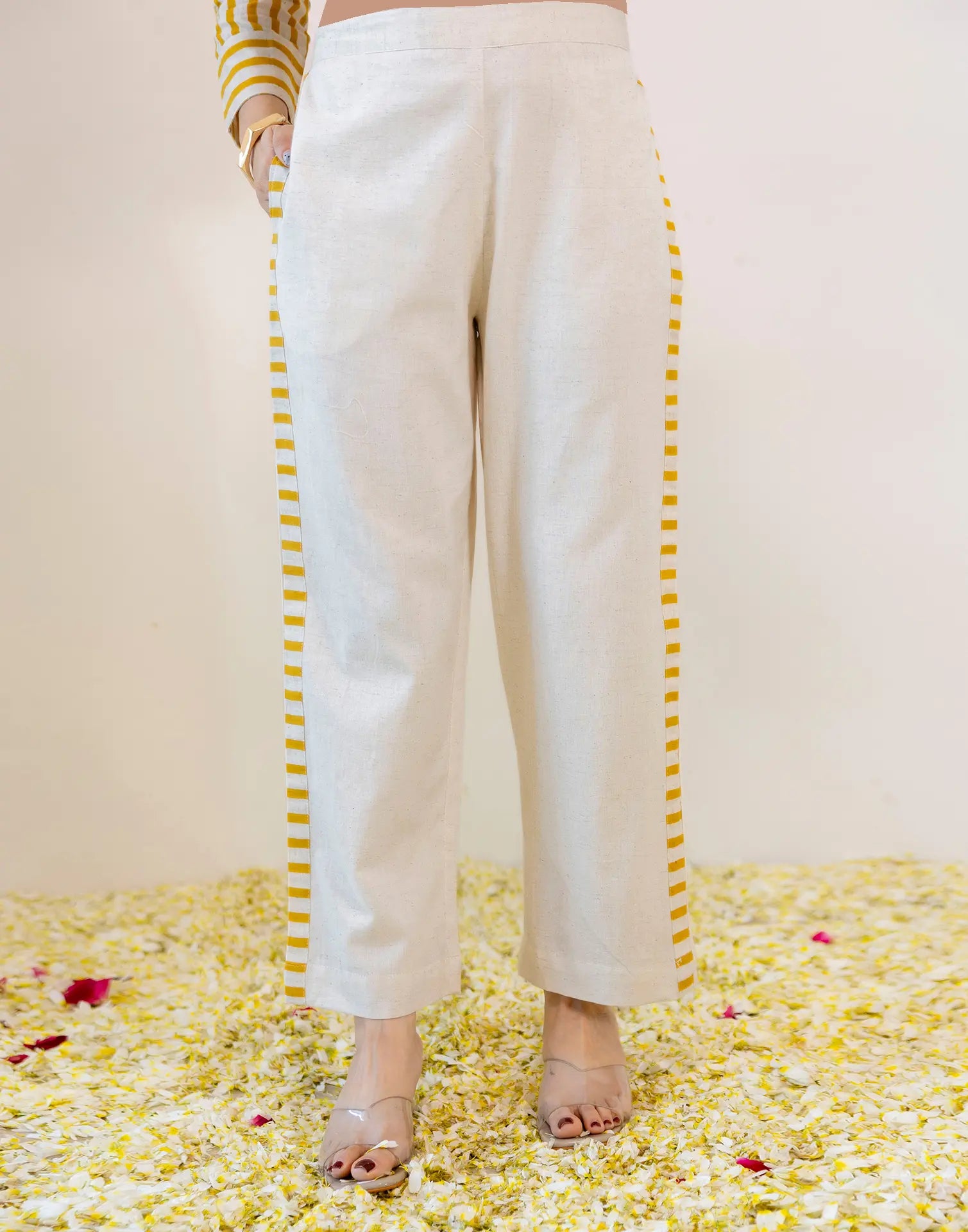 Saffron Yellow, Off-White Collared Neck Embroidered Digital Printed Straight Ethnic Co-ord Set