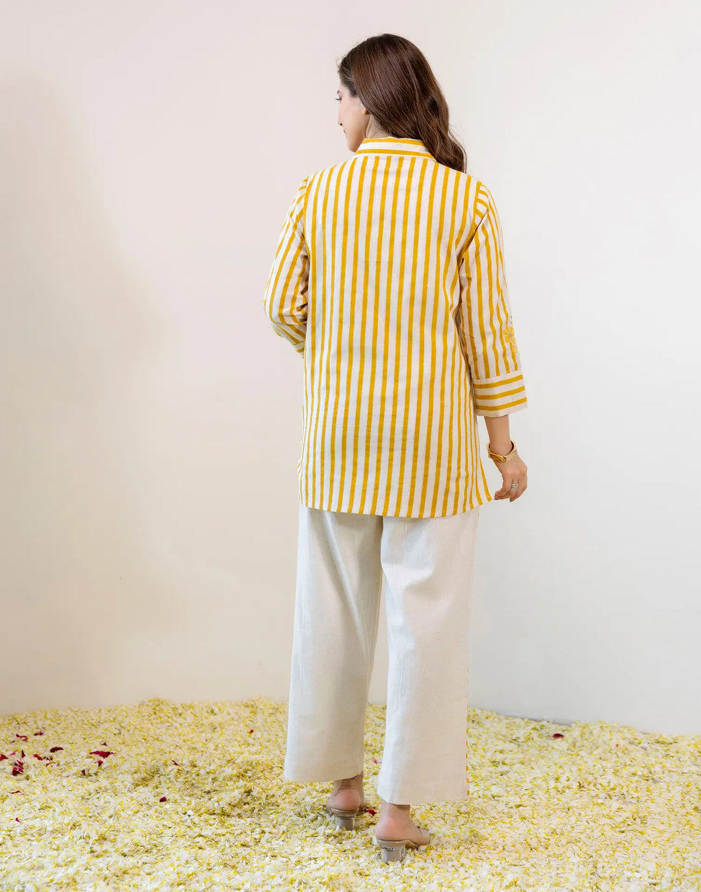 Saffron Yellow, Off-White Collared Neck Embroidered Digital Printed Straight Ethnic Co-ord Set