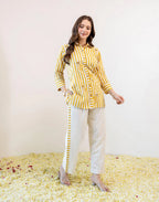 Saffron Yellow, Off-White Collared Neck Embroidered Digital Printed Straight Ethnic Co-ord Set