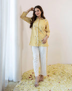 Saffron Yellow, Off-White Collared Neck Embroidered Digital Printed Straight Ethnic Co-ord Set