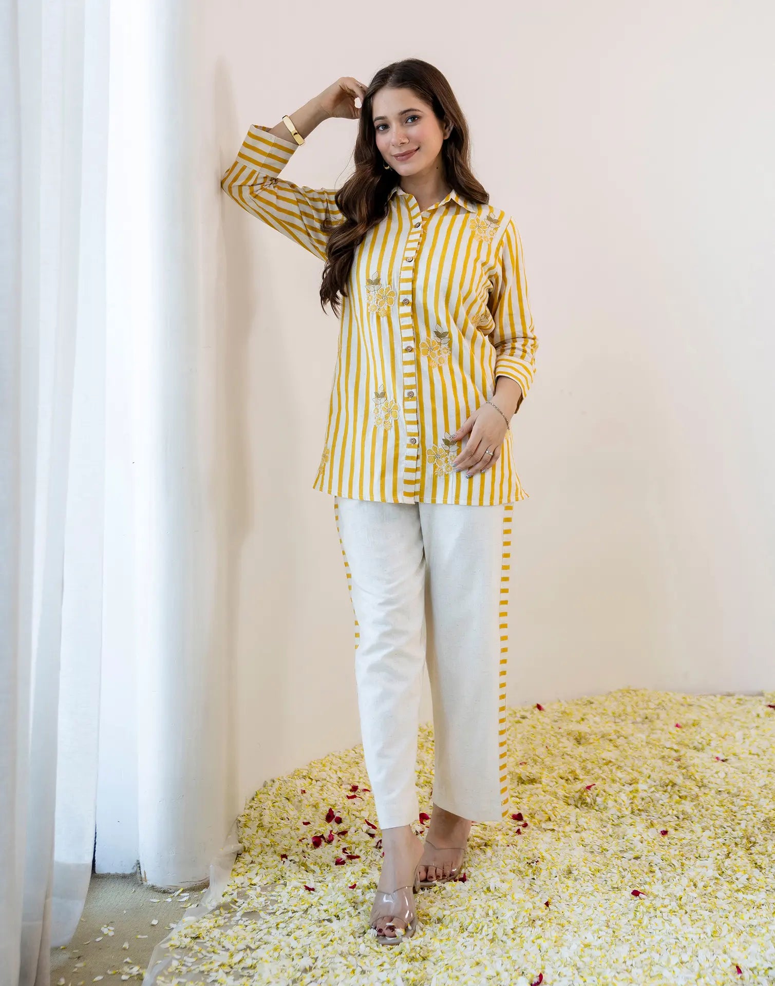 Saffron Yellow, Off-White Collared Neck Embroidered Digital Printed Straight Ethnic Co-ord Set