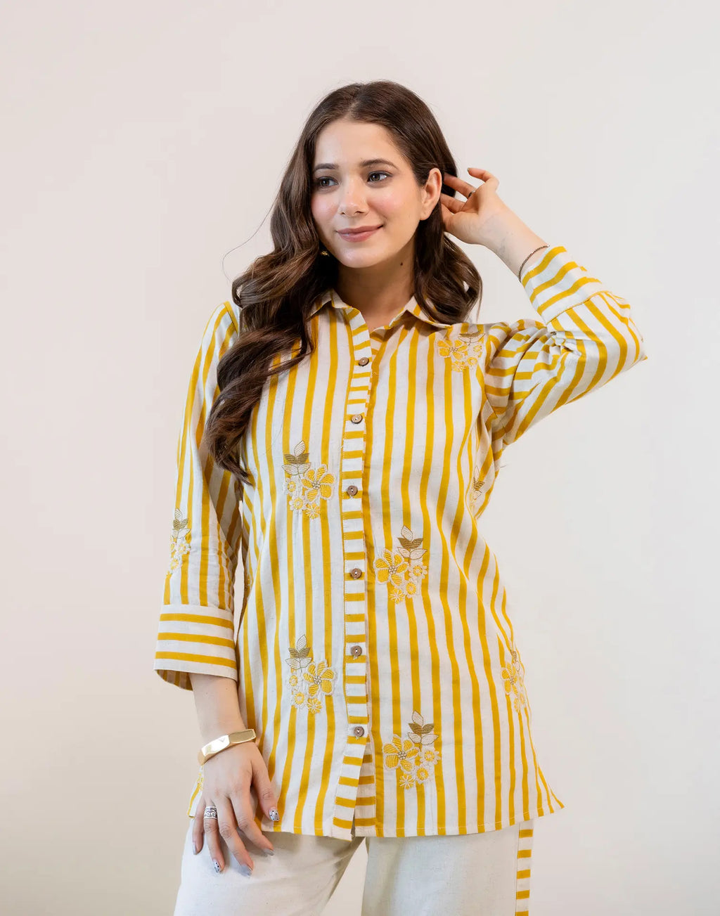 Saffron Yellow, Off-White Collared Neck Embroidered Digital Printed Straight Ethnic Co-ord Set
