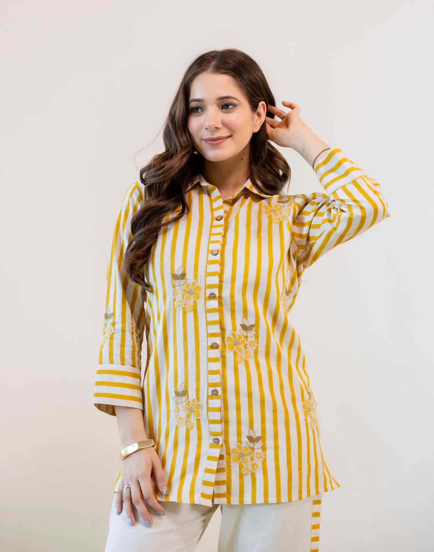 Saffron Yellow, Off-White Collared Neck Embroidered Digital Printed Straight Ethnic Co-ord Set
