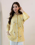 Saffron Yellow, Off-White Collared Neck Embroidered Digital Printed Straight Ethnic Co-ord Set