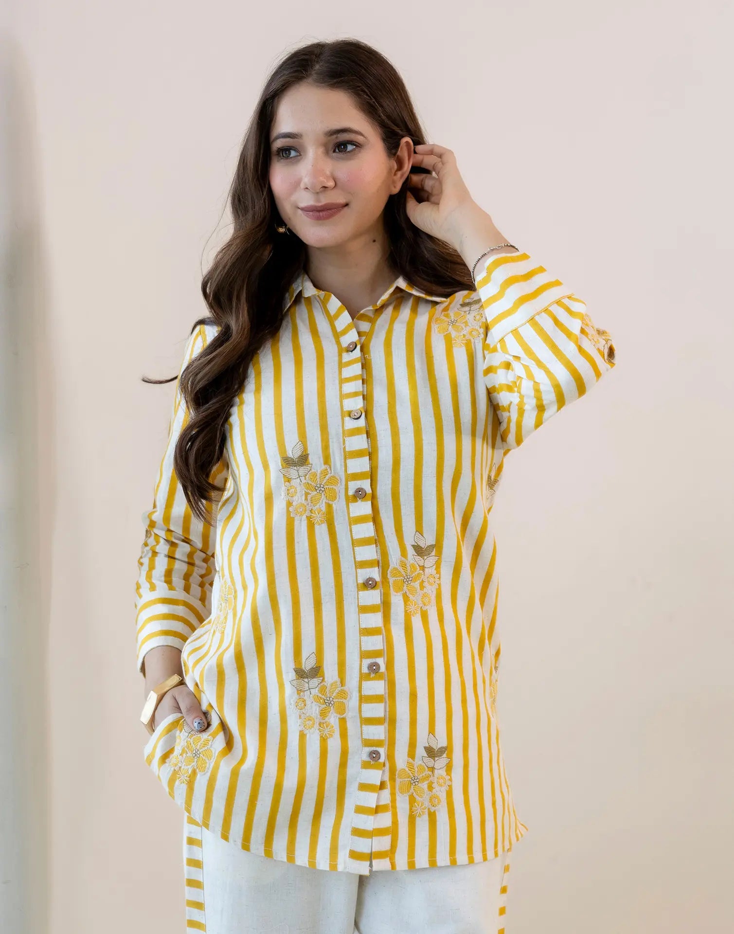 Saffron Yellow, Off-White Collared Neck Embroidered Digital Printed Straight Ethnic Co-ord Set