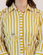 Saffron Yellow, Off-White Collared Neck Embroidered Digital Printed Straight Ethnic Co-ord Set