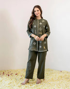 Forest Olive Green Mandarin Collar Embroidered Straight Ethnic Co-ord Set