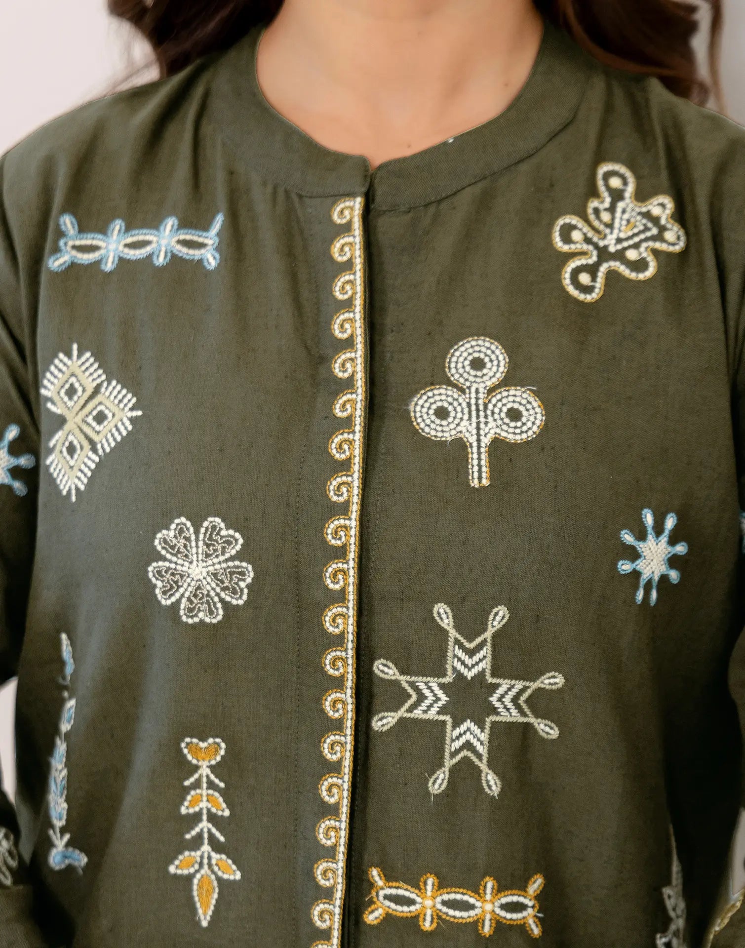 Forest Olive Green Mandarin Collar Embroidered Straight Ethnic Co-ord Set