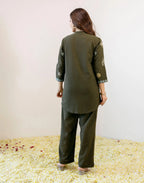 Forest Olive Green Mandarin Collar Embroidered Straight Ethnic Co-ord Set