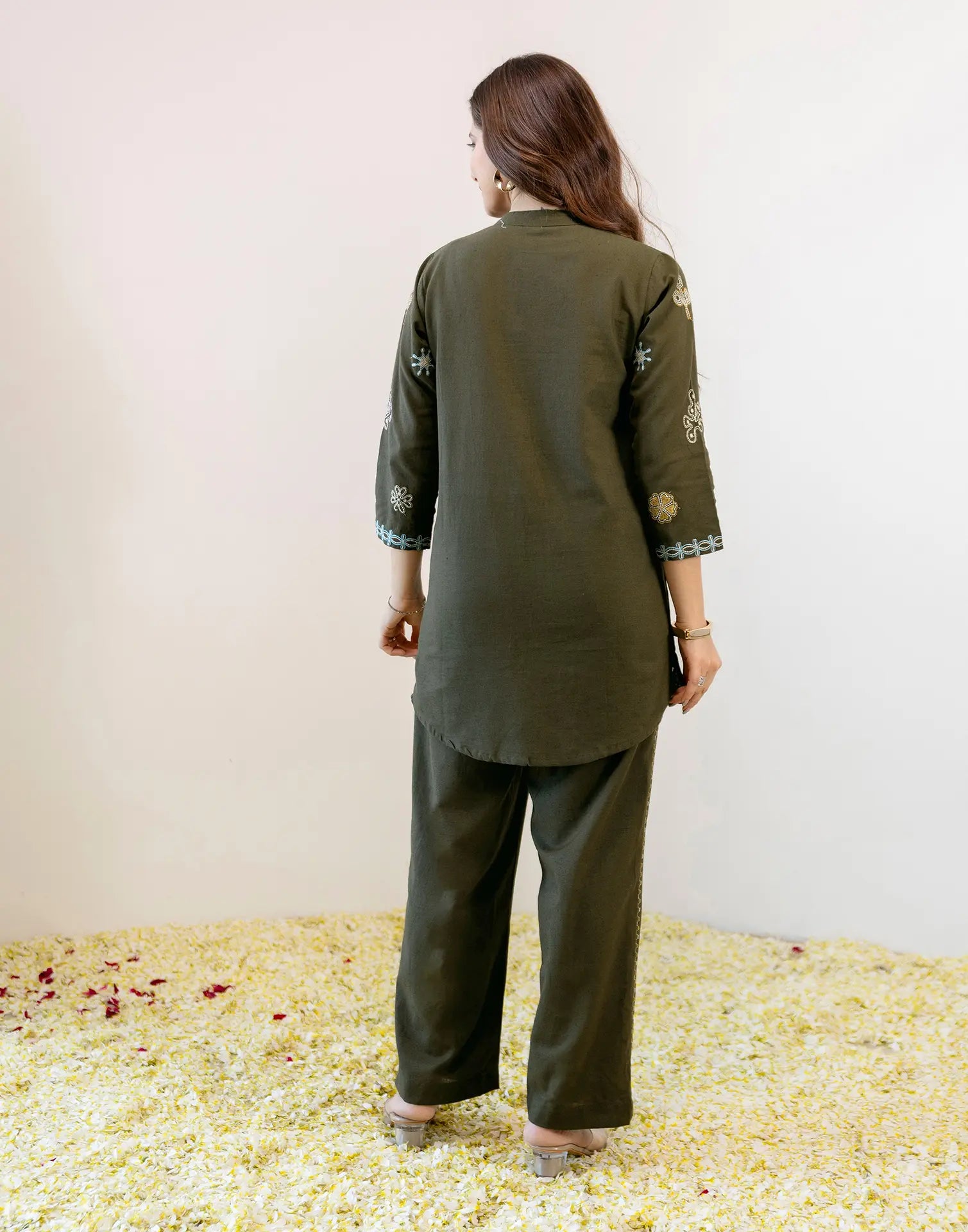 Forest Olive Green Mandarin Collar Embroidered Straight Ethnic Co-ord Set