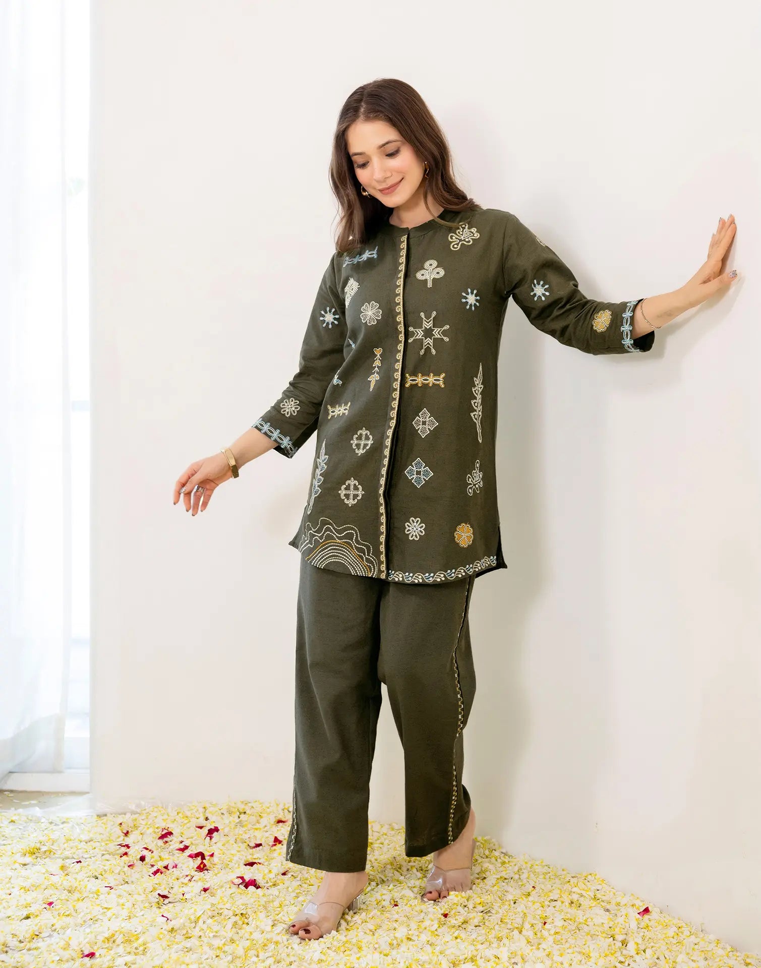 Forest Olive Green Mandarin Collar Embroidered Straight Ethnic Co-ord Set